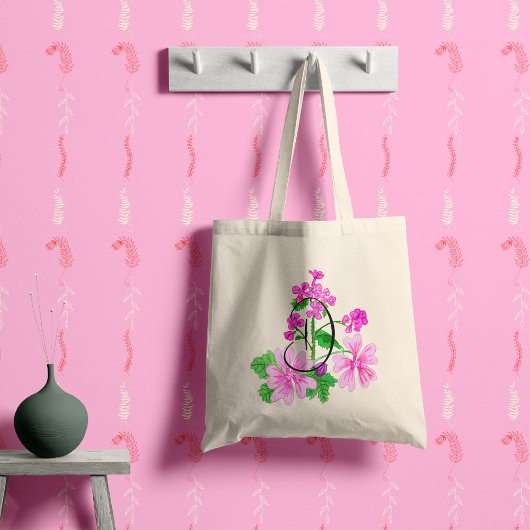 イニシャル入りの水彩ピンクの花 トートバッグ