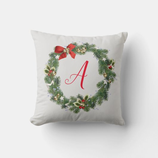 イニシャル入りクリスマスリースのスローピロー クッション (正面)