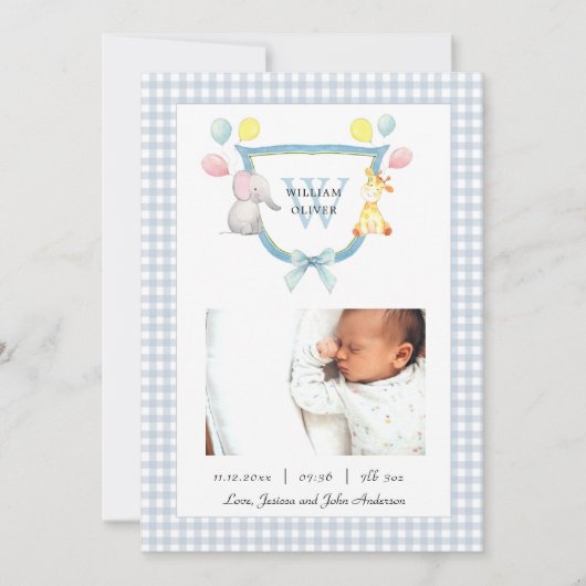 イニシャル入りクレストにウォーターカラーの動物 出生 案内状 (正面)