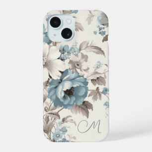 イニシャル入りダスティブルーとライトブラウンの華やかな花柄 iPhone 15ケース