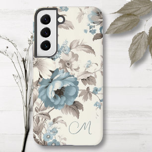 イニシャル入りダスティブルーとライトブラウンの華やかな花柄 SAMSUNG GALAXY S22ケース