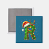 イニシャル入りチェック柄のクリスマスサンタ帽子 R マグネット (正面/裏面)
