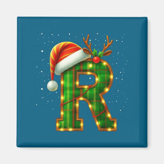 イニシャル入りチェック柄のクリスマスサンタ帽子 R マグネット (正面)