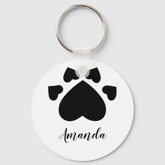 イニシャル入りハート型の子犬の足のプリント キーホルダー (正面)