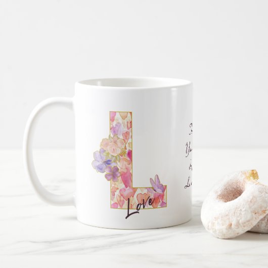 イニシャル入りハート柄の愛のメッセージ コーヒーマグカップ (ドーナツ)