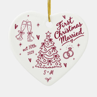 イニシャル入りファーストクリスマスマリッジ ギフト 赤 セラミックオーナメント