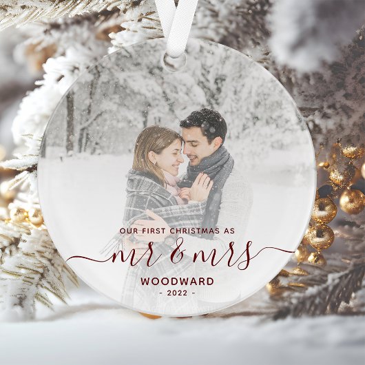 イニシャル入りフォト 夫婦の最初のクリスマス レッド オーナメント