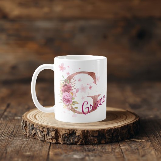 イニシャル入りフラワープリントマグカップ G コーヒーマグカップ