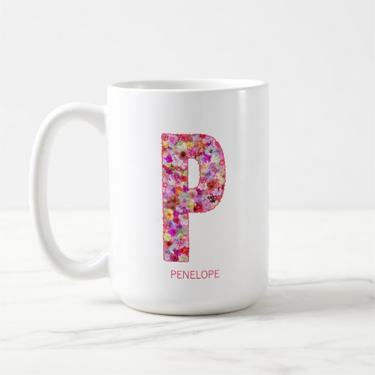 イニシャル入りフラワーレターモノグラム P コーヒーマグカップ (左)