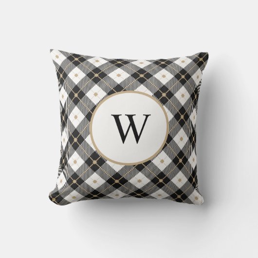 イニシャル入りブラックホワイトゴールドのチェック柄スロー枕 クッション (正面)