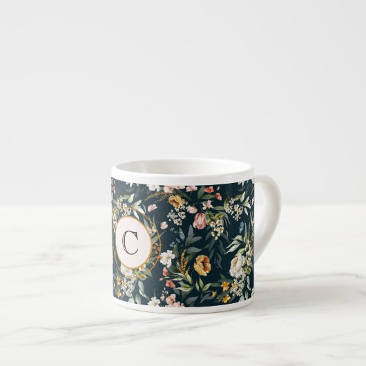 イニシャル入りヴィンテージ風 水彩画 1600年代の花のデザイン 6oz エスプレッソカップ (正面右)