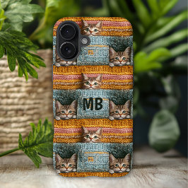 イニシャル入り かわいい猫のニット 女子向け オーダーメイド iPhone 16 PLUSケース