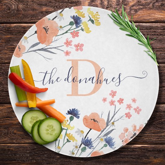 イニシャル入り ウォーターカラー フラワー カッティングボード