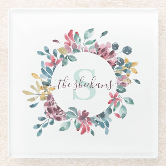 イニシャル入り ウォーターカラー フラワー ガラス コースター (正面)