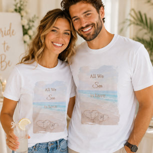 イニシャル入り オール ウィー シー イズ ラブ ビーチ ハート サンド Tシャツ