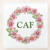 イニシャル入り ピンクとグリーンの花の輪 ガラスコースター (正面)