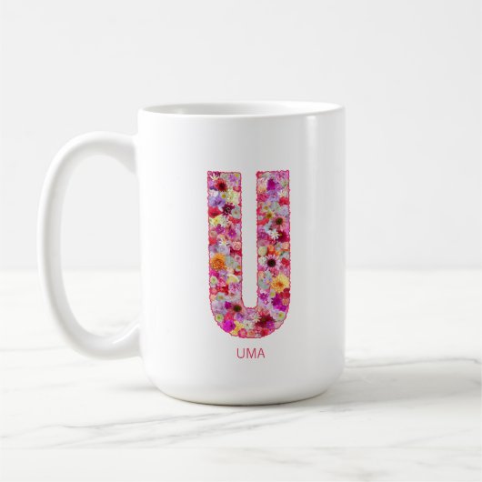 イニシャル入り フラワーレター U モノグラム コーヒーマグカップ (左)