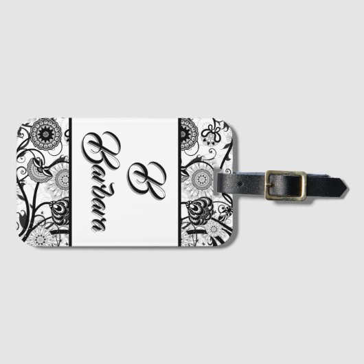 イニシャル入り ブラック＆ホワイト フラワー アブストラクト ラゲージ タグ (正面横)