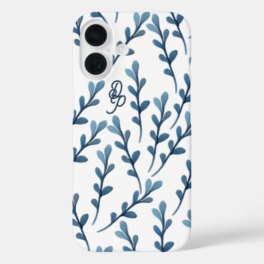 イニシャル入り ブルー リーフ 水彩 パターン Case-Mate iPhoneケース (裏面)