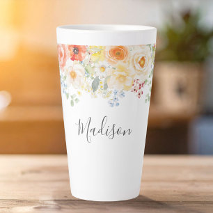 イニシャル入り 名前 水彩画の陽気な花 カフェラテマグ