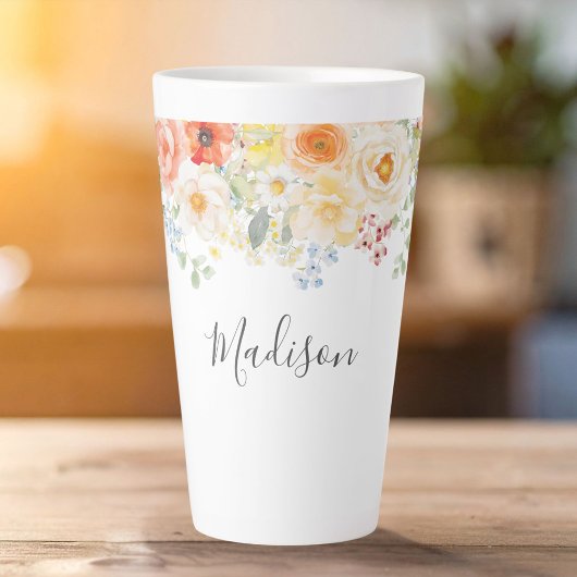 イニシャル入り 名前 水彩画の陽気な花 カフェラテマグ