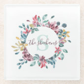 イニシャル入り 水彩 フラワー ガラス コースター (正面)