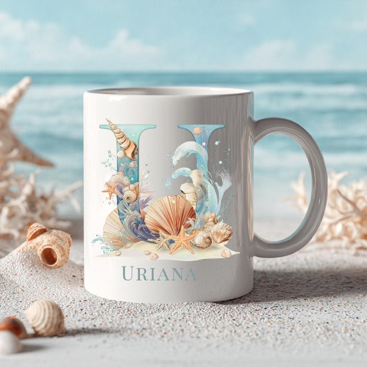 イニシャル入り 海辺のモノグラム U ビーチ コーヒーマグカップ