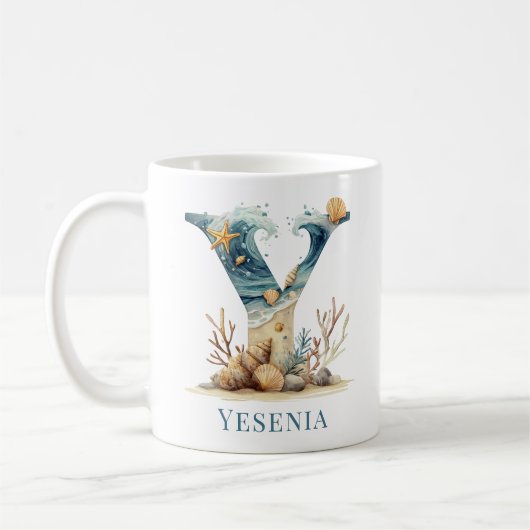 イニシャル入り 海辺のモノグラム Y ビーチデザイン コーヒーマグカップ (左)