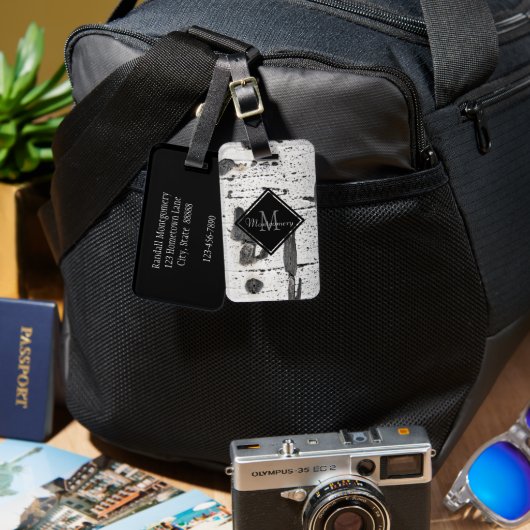 イニシャル文字モノグラム《植物》アスペン樹皮写真 ラゲッジタグ (正面&裏面)