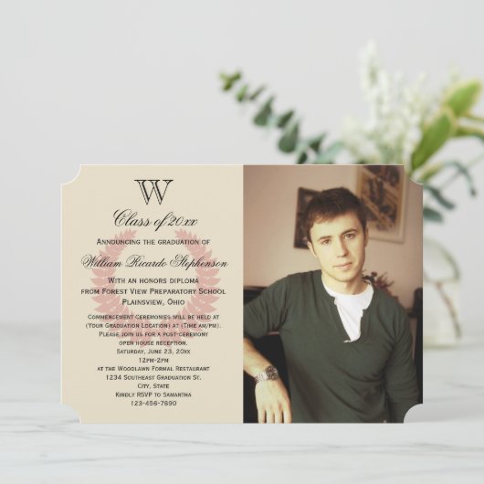 イニシャル独身のモノグラムレッド写真卒業 招待状 (スタンド正面)