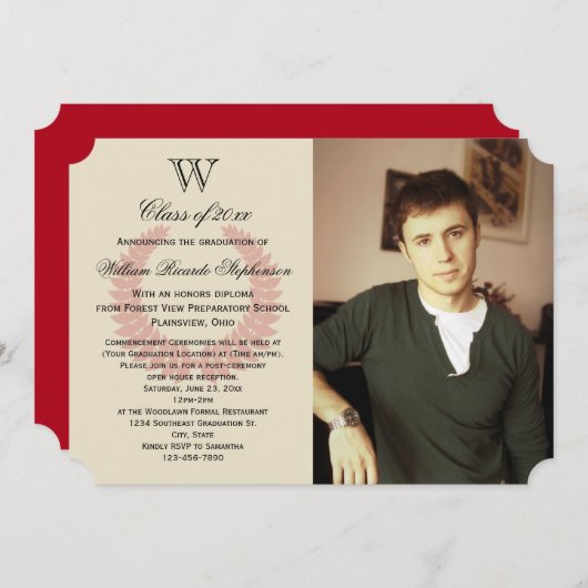 イニシャル独身のモノグラムレッド写真卒業 招待状 (正面/裏面)