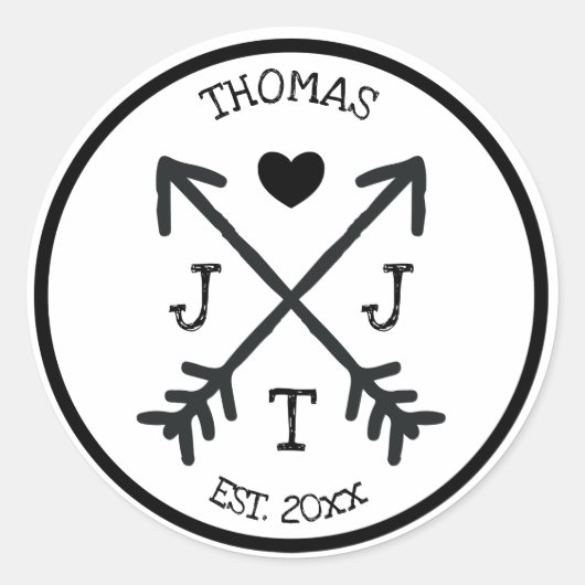 イニシャル素朴ハート矢印モノグラム ラウンドシール (正面)