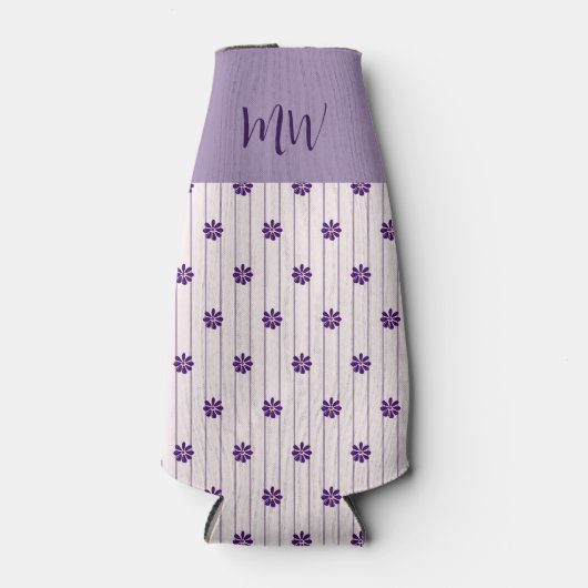 イニシャル紫ストライプ色の花と紫の花 ボトルクーラー (正面)