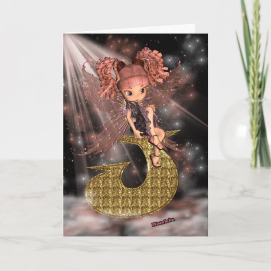 イニシャル誕生日カードJ、かわいい小さな妖精 カード (正面)