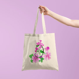 イニシャル1が入った水彩ピンクの花 トートバッグ