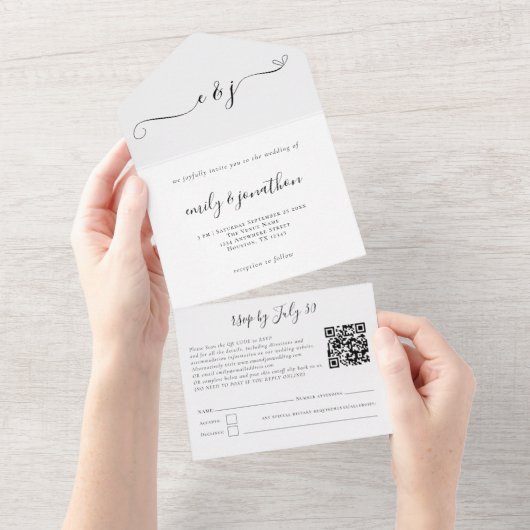 イニシャル エレガント スクリプト QR コード 任意の色 オールインワン招待状 (貼ってはがせる)