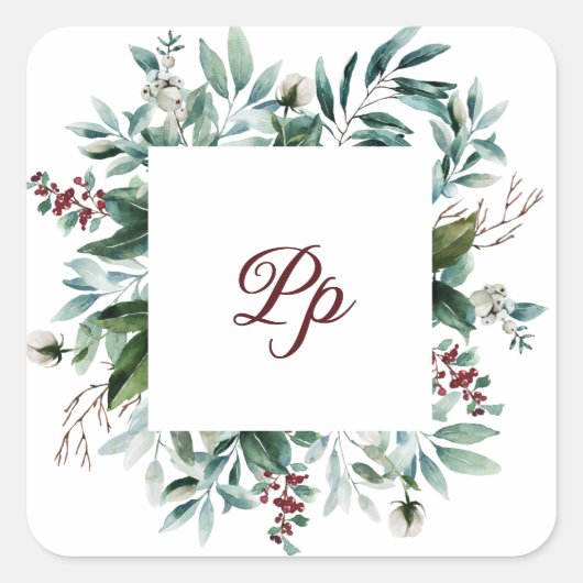 イニシャル オーダーメイド フォトフレーム 緑の ベリーの枝 スクエアシール (正面)