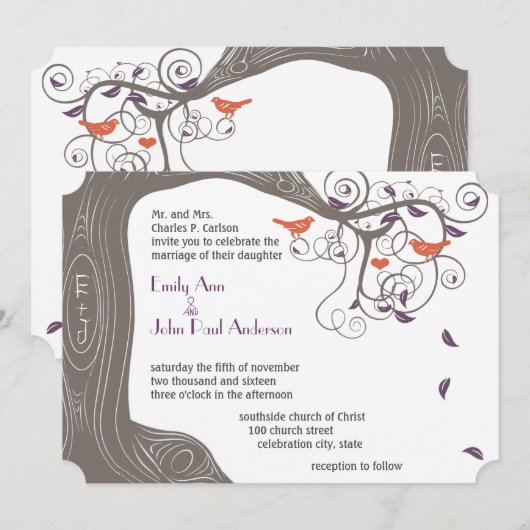 イニシャル ツリー タンジェリンバード ウェディング インビテーション (正面/裏面)