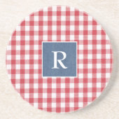 イニシャル、レッドチェック、デニムトレンディー砂岩コースター コースター (正面)