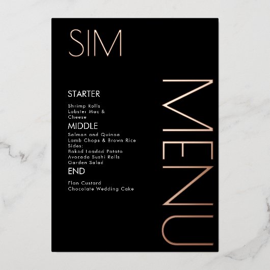 イニシャル ロゴ ウェディング プレスド ローズゴールド メニュー カード (正面)