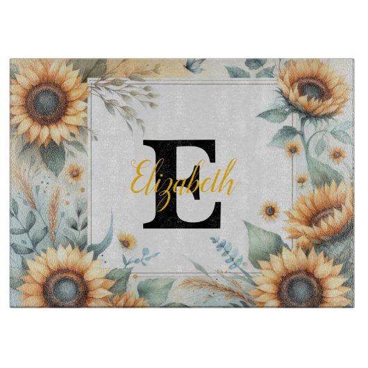 イニシャル 名前 花 ひまわり ソフト パステル 水彩 カッティングボード (正面)