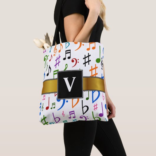 イニシャル + 多くのカラフルな音楽ノートおよび記号 トートバッグ (クローズアップ)
