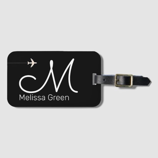 イニシャル+飛行機の名前をブラックアンドホワイト ラゲッジタグ (正面横)