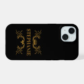 イニシャル 高級感のある黒と金の王冠 iPhone 15ケース (裏面横)