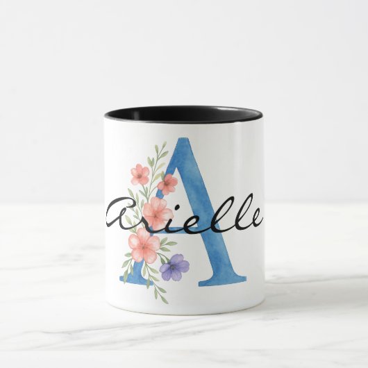 イニシャル「A」水彩花モノグラム 名前入り マグカップ (中央)
