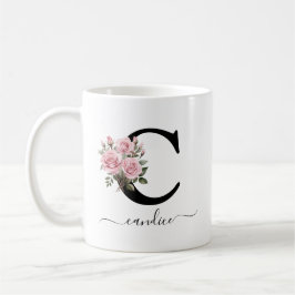 イニシャル C ピンクのバラ 花 モノグラム 名前 コーヒーマグカップ