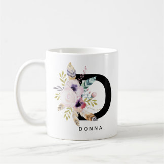 イニシャル「D」のアルファベットのマグのモノグラムのBohoの水彩画 コーヒーマグカップ