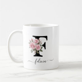 イニシャル F バラの花 フローラル モノグラム 名前入り コーヒーマグカップ