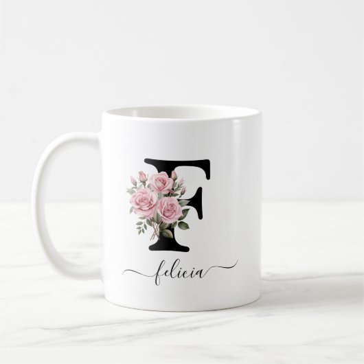 イニシャル F バラの花 フローラル モノグラム 名前入り コーヒーマグカップ (左)