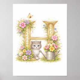 イニシャル「H」金色の花と子猫のぬいぐるみ 乳幼児向け名前入りグッズ ポスター